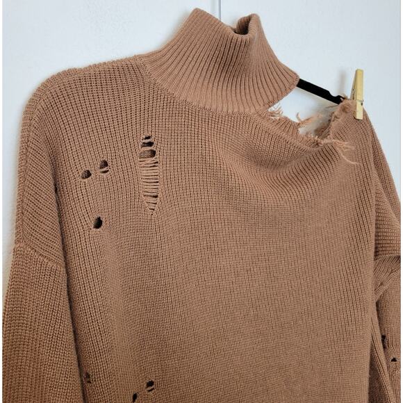 LOVERS + FRIENDS Arlington Distressed Off Shoulder Wool Sweater Tan Relaxed Fit - Picture 3 of 13